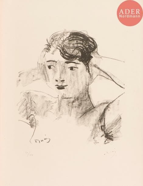 André Derain (1880-1954)
Tête de femme, les deux mains appuyées sur les oreilles. 1927. Lithographie. 245 x 265. Adhémar 72. Très belle épreuve sur vélin fort, numérotée au crayon et signée à la plume et à l’encre. Petites rousseurs sur le timbre sec : Le Chien de pique (Lugt 4622). Fine courte trace brune verticale dans l’angle inférieur gauche du feuillet. Toutes marges. Tirage à 150 épreuves.