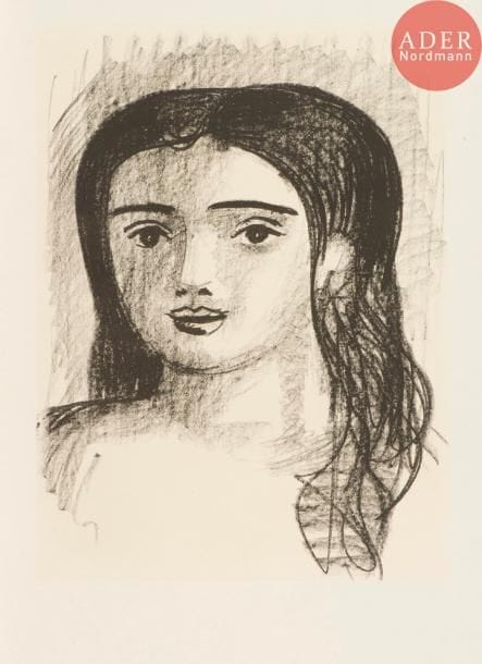 André Derain (1880-1954)
Tête de jeune fille aux longs cheveux. Lithographie. 305 x 405. Adhémar 82. Belle épreuve sur vélin, l’indentation de la pierre très visible, non signée. Trace claire d’oxydation autour du sujet. Toutes marges. Rare. Tirage à petit nombre.