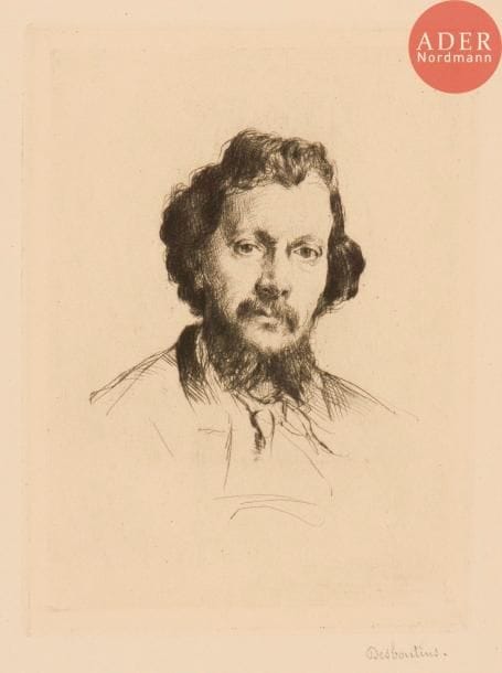 Marcellin Desboutin (1823-1902)
Alfred Cadart, imprimeur en taille-douce. 1875. Pointe sèche. 120 x 158. Clément-Janin 29. Très belle épreuve sur vergé, revêtue d’une inscription au crayon. Toutes marges. Ex-coll. H.-M. Petiet (Lugt 5031).