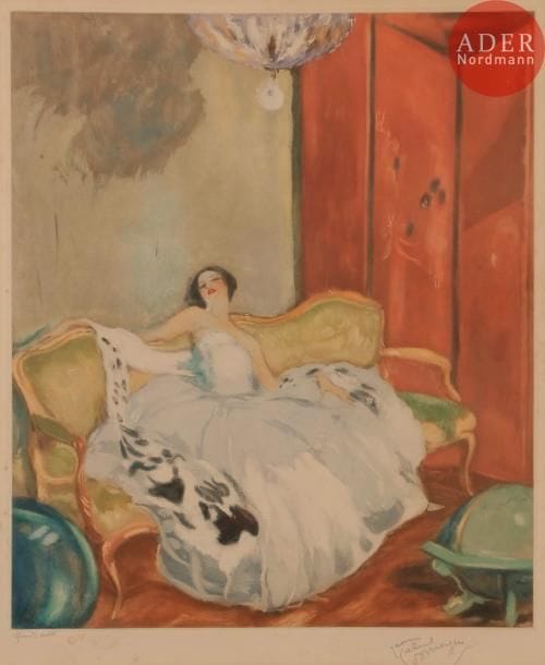Jean-Gabriel Domergue (1889-1962)
Femme au canapé. Vers 1930. Aquatinte. 430 x 515. Impression en couleurs. Belle épreuve sur vélin, oxydée, signée au crayon. Petites taches et auréoles claires d’humidité autour du sujet. Bonnes marges. Cadre.