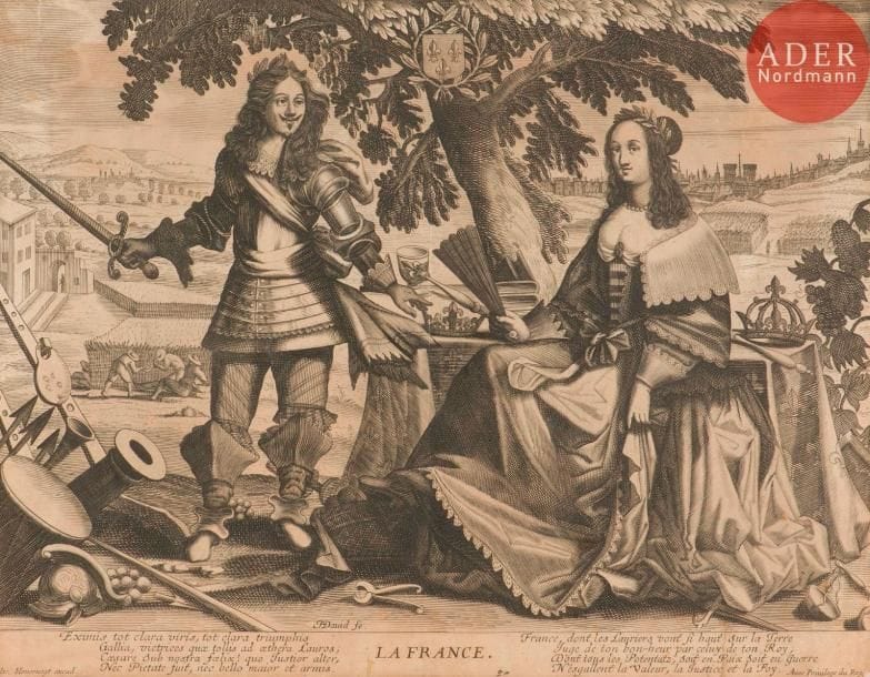 Hierosme ou Jérôme David (actif au XVIIe s.)
La France (Louis XIII et Anne d’Autriche). Eau-forte et burin. 410 x 320. I.F.F. 69. Bonne épreuve légèrement oxydée, rognée au trait carré mais bien complète de la tablette. Petits accidents anciennement renforcés au verso.