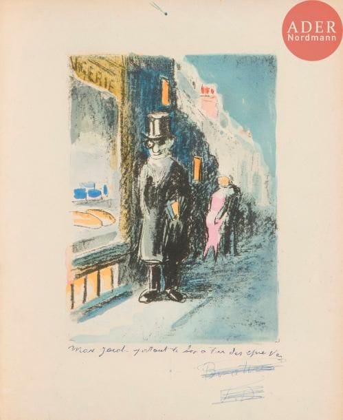 Kees van Dongen (1877-1968)
Max Jacob portant le bon à tirer de ses épreuves. (Pl. pour Roland Dorgelès, Aux beaux temps de la Butte, Paris, Nouvelle Librairie de France, 1949). Lithographie. 140 x 190. Juffermans (2003) B13. Impression en couleurs. Annotation au stylo-bille bleu. Mention de la main de l’artiste « Bon à tirer », signée des initiales et largement biffée. Autre annotation au verso. Épidermure en tête au verso. Toutes marges.
