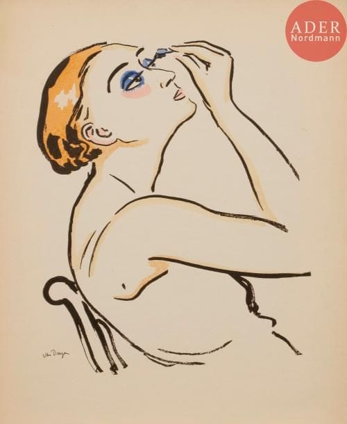 Kees van Dongen (1877-1968) (d’après)
Rimmel (femme se maquillant). 1920. Procédé photomécanique et pochoir. 195 x 250. Juffermans JM 1. Impression en couleurs. Très belle et fraîche épreuve sur vélin. Pl. parue dans Cahiers d’Art, n° 5, 1920. Toutes marges.