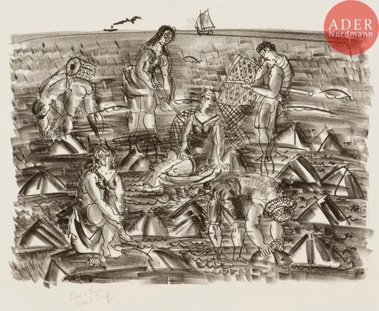 Raoul Dufy (1877-1953)
Pêcheurs de crevettes. (Pl. pour l’album La Mer). 1933. Lithographie. 455 x 340. Très belle et fraîche épreuve sur vélin blanc fort, annotée « Bon à tirer » et signée au crayon. Quelques infimes rousseurs dont une sous la signature. Toutes marges. Tirage définitif à 33 épreuves.