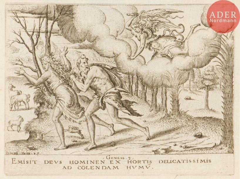 Étienne Delaune (1518 ou 1519-c. 1583)
Histoire de la Genèse. 31 pl. d’une suite de 36. Burin. Chaque 102 x 78. Robert-Dumesnil 24, 26, 28, 29 à 33, 35, 37, 40, 38, 39, 41 à 44, 46, 45, 47, 48, 50, 49, 53, 51, 55, 54, 56 à 59. Belles épreuves reliées à la ficelle en un petit volume oblong avec couverture de gros vergé brun. Quelques auréoles claires d’humidité, petites taches ou rousseurs isolées. Belles marges.