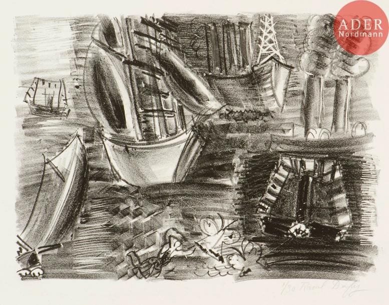Raoul Dufy (1877-1953)
Voiliers et papillons. Lithographie. 270 x 200. Très belle et fraîche épreuve sur vélin blanc fort, numérotée et signée au crayon. Traces de colle dans les angles supérieurs au verso. Toutes marges. Tirage à 30 épreuves.