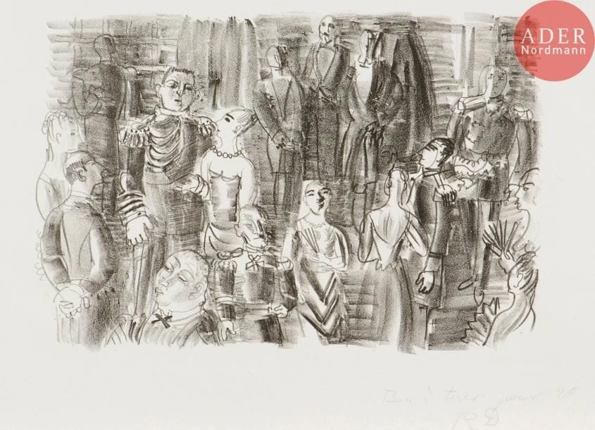 Raoul Dufy (1877-1953)
Le Bal chez l’amiral. Lithographie. 285 x 200. Très belle épreuve sur vélin blanc fort, annotée « Bon à tirer pour 20 » et signée des initiales au crayon. Quelques rousseurs marginales. Toutes marges.