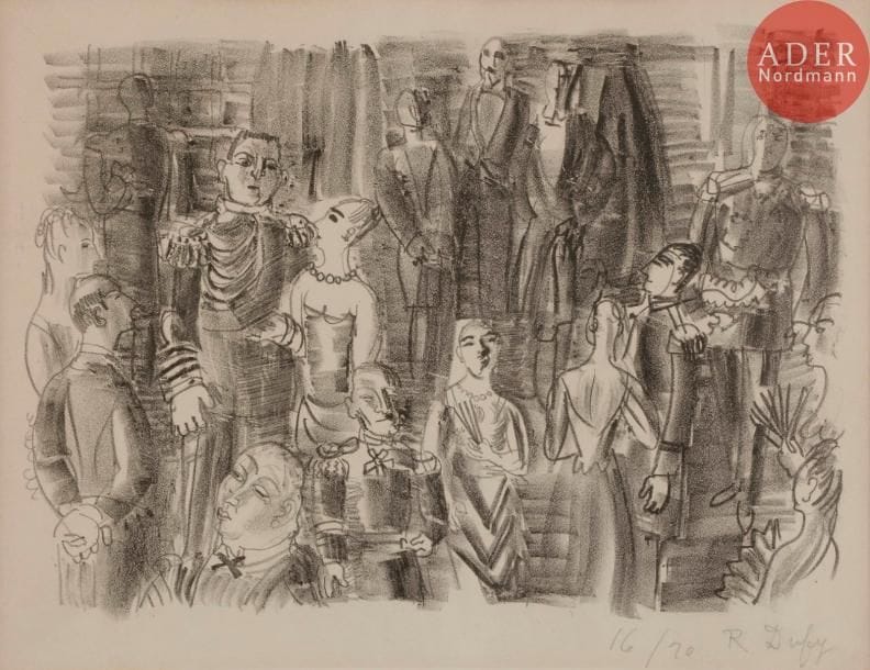 Raoul Dufy (1877-1953)
Le Bal chez l’amiral. Lithographie. 285 x 200. Très belle épreuve sur vélin, numérotée et signée au crayon. Légère oxydation à l’ouverture du passe-partout. Marges. Tirage à 20 épreuves. Cadre.