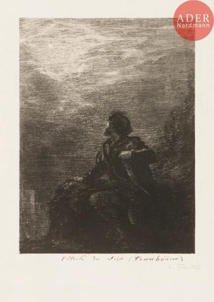 Henri Fantin-Latour (1836-1904)
L’Étoile du Soir (1re pl.). 1877. Lithographie. 220 x 295. Hédiard-Mason 16. Très belle épreuve sur chine appliqué, signée au crayon. Pli cassé dans l’angle inférieur droit du feuillet. Plusieurs courtes déchirures en tête et en pied. Toutes marges.
