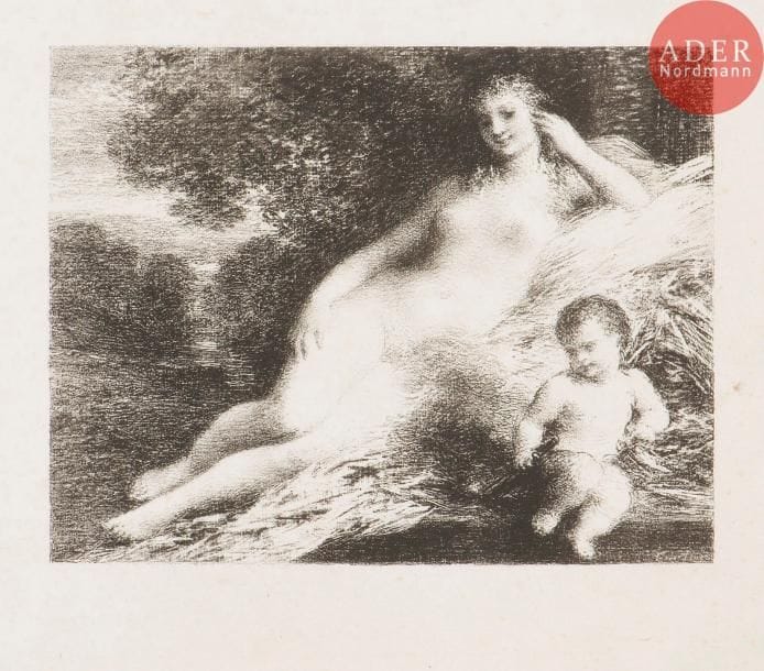 Henri Fantin-Latour (1836-1904)
Vénus et l’Amour (2e pl.). 1895. Lithographie. 226 x 175. Hédiard-Mason 124. Très belle épreuve, l’une des 9 épreuves d’essai sur chine volant, antérieure au tirage pour L’Estampe Moderne. Rousseurs claires éparses et traces de plis. Courtes déchirures en tête. Toutes marges.