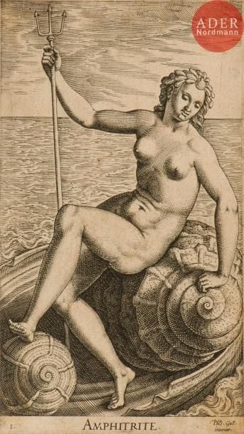 Philip Galle (1537-1612)
Pl. de la suite des Fleuves et dieux marins et de la suite des Nymphes. 1587. Burin. Chaque 98 x 167. Hollstein 413, 415, 418, 423, 424, 428, 429, 431 à 436, 438, 439, 441, 445 à 447. Belles épreuves rognées à l’intérieur du coup de planche ou au sujet mais bien complètes de la tablette. Empoussiérage et rousseurs. Courte déchirure au bord gauche à une pl. Ens. 19 p.