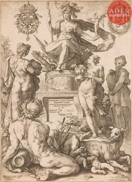 Hendrick Goltzius (1588-1617)
Allégorie de Rome. 1586. Burin. 236 x 325. Bartsch 94 ; Hollstein 161 ; Leesberg (New Hollstein) 163. Belle épreuve rognée au trait carré, sans la tablette. Pli de séchage horizontal médian. Inscription à la sanguine au verso. Quelques rares rousseurs et traces de plis. Traces de colle oxydées dans les angles, perceptibles au recto.