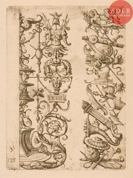 Daniel Hopfer (c. 1470-1536)
Sujets divers d’ornements et sujets religieux. Eau-forte. Hollstein 10, 26 (2 fragments), 100, 105, 107, 109, 123, 139, 142. Belles épreuves du retirage effectué par Funck, avec les numéros, rognées au sujet. Menus accidents et taches. Joint : Hieronmyus Hopfer. 19 blasons. Eau-forte. 285 x 215. Hollstein 82. Même tirage. Belles marges. Ens. 11 p.