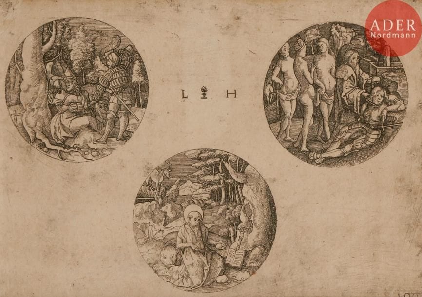 Lambert Hopfer (c. 1510-c. 1550)
Trois sujets circulaires sur une même planche (Un homme versant du vin ; Le Jugement de Pâris ; Saint Jérôme). Burin d’après des sujets gravés sur bois de Dürer. À vue : 165 x 115. Bartsch 23. Belle épreuve avec le numéro 189 en bas à droite. Traces d’essuyage du cuivre. Cadre.