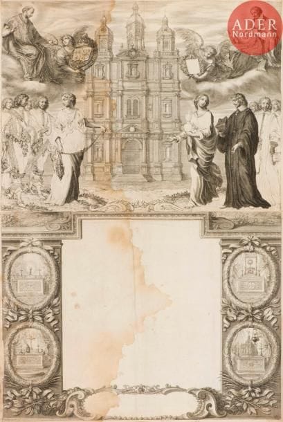 Grégoire Huret (1606-1670)
Thèse. (Deux femmes guidant deux groupes de jeunes gens – gens de lettres et militaires – devant l’église des Jésuites de Rennes). Eau-forte et burin. [535 x 820]. I.F.F. 169. Belle et rare épreuve en deux cuivres raboutés, du 1er état (sur 2), une partie du sujet à l’eau-forte pure, avant le texte de la thèse. Larges auréoles rousses et taches d’humidité. Traces de plis et menus accidents. Marges étroites.