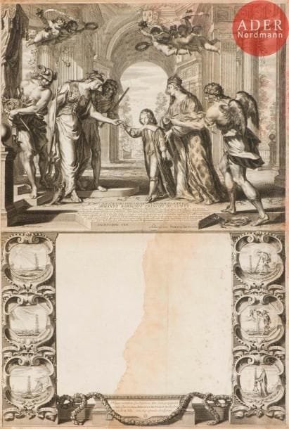 Grégoire Huret (1606-1670)
Thèse de Philosophie soutenue au Collège de Clermont à Paris, en 1640, par René Pichon. (La France et le Génie de la Maison de Bourbon accompagnant le Prince de Conti enfant). Burin. [487 x 715]. I.F.F. 282. Belle et rare épreuve en deux cuivres raboutés, avant le texte de la thèse. Larges auréoles rousses et taches d’humidité. Traces de plis, courtes déchirures et petit manque aux bords du feuillet. Marges étroites.
