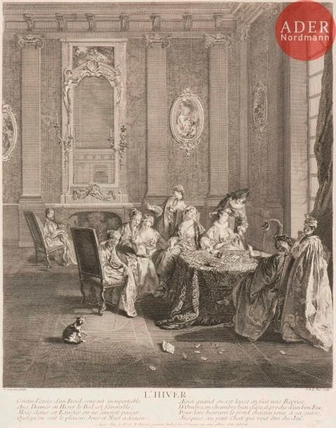 Nicolas Lancret (1690-1743)
 [Jeu de cartes]. L’Hiver. Gravé par J. Ph. Le Bas. 330 x 420. I.F.F. 177. Belle épreuve rognée à l’intérieur du coup de planche mais bien complète de la tablette. Infime tache dans l’angle inférieur droit.