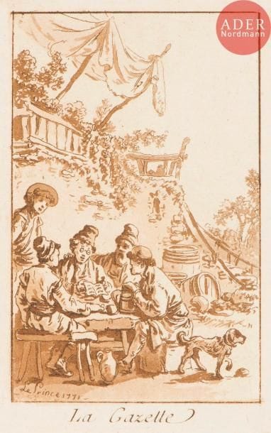 Jean Le Prince (1734-1781)
Les Tragiques ; La Gazette ; La Ménagère ; Le Paysan. Gravure au lavis. Formats divers. Hédou 118, 140, 152, 162. Belles épreuves de 1er tirage, en bistre. Très claires traces d’oxydation. Quelques rousseurs claires. Bonnes marges. Ens. 4 p.