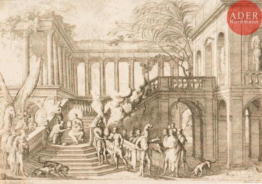 Henri Mauperché (1602 ou 1606-1686)
L’Adoration des rois. (Pl. IV de la suite La Vie de la Vierge). Eau-forte. 312 x 220. Robert-Dumesnil 19. Belle épreuve rognée à l’intérieur du coup de planche mais bien complète de la tablette, à l’adresse de Filloeul. Infimes traces de sanguine en pied. Traces de plis au verso. Minuscule restauration ancienne dans l’angle supérieur droit.