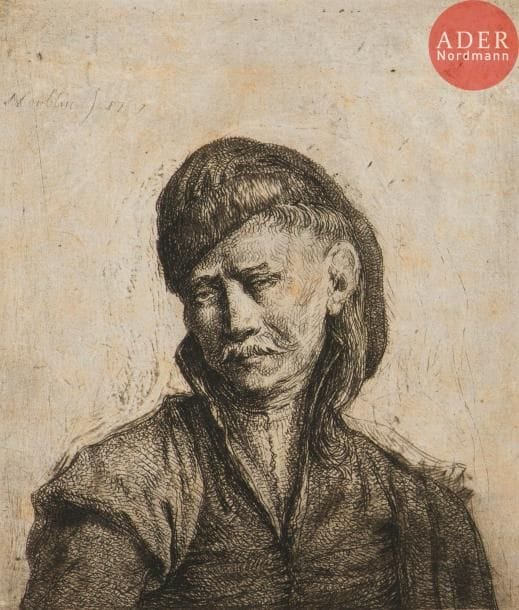 Jean-Pierre Norblin de la Gourdaine (1745-1830)
Le Moine en prière ; Buste d’un personnage à moustaches, coiffé d’un bonnet cosaque ; Têtes d’hommes dont deux criant. Eau-forte. Formats divers (vignettes). Hillemacher 29, 66 et non décrit. Belles épreuves sur vélin beige ou crème, collées sur feuillets de vélin. Petites marges. Ens. 5 p.