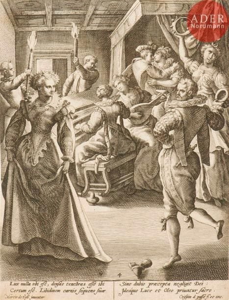 Crisjpin de Passe (1564-1637)
 [Musique]. Les Vierges folles au bal. (Pl. 4 pour Parabola V. Virginum Typis Aen : Espressa – Parabole des vierges sages et des vierges folles). Vers 1600. Gravé d’après M. de Vos. 172 x 225. Hollstein (Passe) 126 ; Hollstein (de Vos) 601. Très belle épreuve rognée au sujet mais bien complète de la tablette.