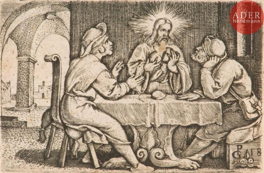 Georg Pencz (1500-c. 1550)
Pl. de la suite de la Vie de Jésus-Christ. (3 pl. d’une suite de 26) : Il délivre un jeune homme… ; Les pharisiens veulent le lapider ; Il se manifeste (…) à Emmaüs. Burin. Chaque 60 x 40 env. Bartsch 41, 43 et 47. Très belles épreuves rognées au sujet. Infime épidermure au bord gauche à la 1re, anciennement repassée à la mine de plomb. Ex-coll. St. John Dent (Lugt 2373) pour la 1re.