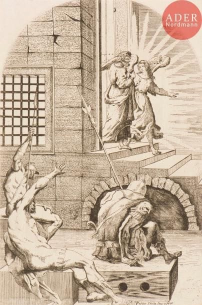Girolamo Petrignani (actif 1635-1646)
La Délivrance de saint Pierre. Eau-forte. 205 x 310. De Vesme 9 ; Bellini (Testa) 49. Belle épreuve légèrement rognée à l’intérieur de l’ovale en tête et au sujet sur les trois autres côtés, bien complète de la mention gravée attribuant à tort la gravure à Testa, collée par les angles sur feuillet de vélin fort. Éraillures du cuivre visibles.