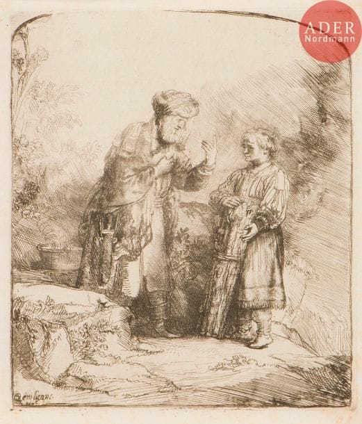 Rembrandt Harmensz. van Rijn (1606-1669)
Abraham et Isaac. 1645. Eau-forte. 130 x 159. Bartsch 34. Très belle épreuve sur vergé mécanique (début XIXe s.), avant la tache noire à gauche de la tête d’Abraham. Menues rousseurs claires. Marges étroites. Ex-coll. R. Alianello (Lugt 5k).