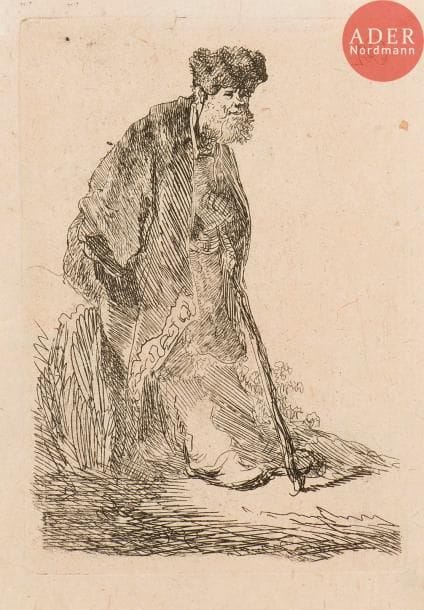 Rembrandt Harmensz. van Rijn (1606-1669)
Figure d’un vieillard à courte barbe. Vers 1630. Eau-forte. 76 x 113. Bartsch 151. Belle épreuve sur vergé mince chamois, vraisemblablement d’un tirage Basan. Courts plis souples. Petites marges.
