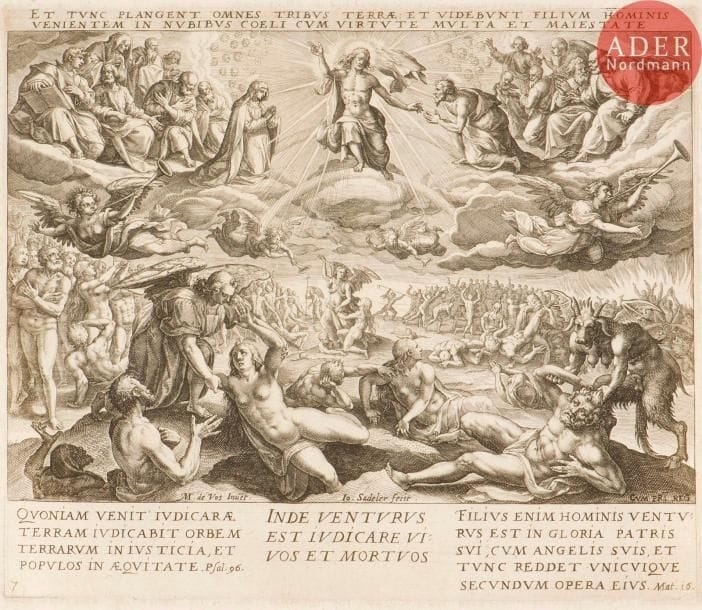Jan ou Johannes Sadeler I (1550-1600)
Le Jugement dernier. (Pl. de la suite de 12 pl. La Foi). Gravé d’après M. de Vos. 245 x 209. New Hollstein 877. Très belle épreuve. Infime trou dans la tablette. Petites marges. Ex-coll. J.-M. Agassis (Lugt 69). Joint : d’après J. Sadeler. Allégorie de l’Allemagne. Copie de la gravure d’après H. von Aachen (Hollstein 49). Burin. 253 x 200. Épreuve irrégulièrement rognée au sujet. Ens. 2 p.