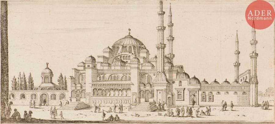 Israël Silvestre (1621-1691)
L’Eglise Saincte Sophie de Constantinople, bastie par Constantin le Grand ; à présent Mosquée du Grand seigneur. (Pl. de Vues de Rome et des environs). Eau-forte. 253 x 115. Faucheux 11.8. Très belle épreuve sans la tablette. Fin pli de tirage vertical visible au verso. Ex-coll. J.-M. Agassis (Lugt 69).