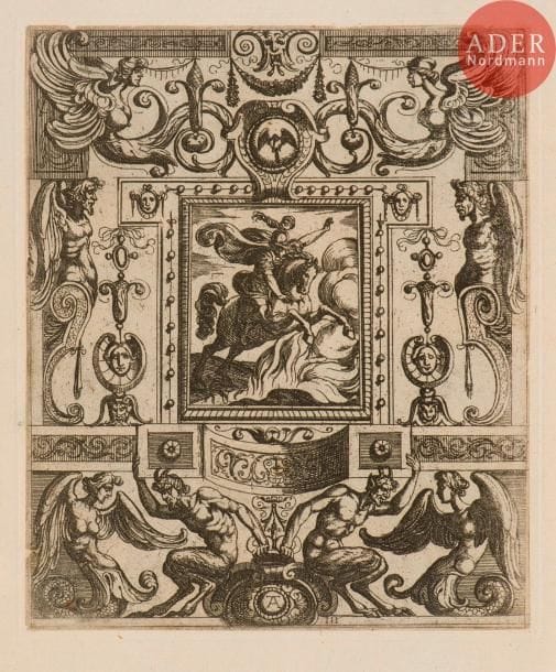 Antonio Tempesta (1555-1630) (d’après)
Ornements. Eau-forte. 150 x 190. Copies en contrepartie de Bartsch 1378, 1379, 1380, 1381, 1384, 1386 et 1387. Belles épreuves tirées sur les cuivres usés, légèrement oxydées. Belles marges. Ens. 7 p.