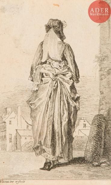 Jean-Antoine Watteau (1684-1721)
La Femme marchant au fond. (Pl. des Figures de mode). Eau-forte originale (terminée par Thomassin fils). 70 x 110. Robert-Dumesnil 6 (iii/v). Belle épreuve rognée à l’intérieur du coup de planche, avec infime atteinte au sujet en tête, avant l’adresse de Hecquet. Petites traces de colle dans les angles au verso, perceptibles au recto.