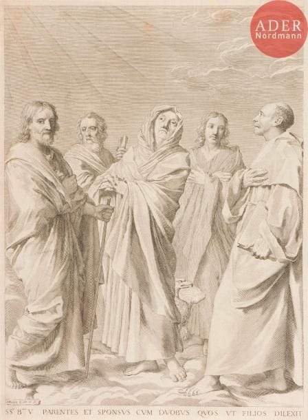 Claude Mellan (1598-1688)
Parenté de la Vierge. 1648. Burin. 315 x 430. Préaud 33. Très belle épreuve irrégulièrement rognée sur le coup de planche, avec filet de marge sur certains côtés. Léger pli de tirage horizontal médian en travers de la figure de gauche (saint Joseph). Ex-coll. G. Usslaub (Lugt 1221).