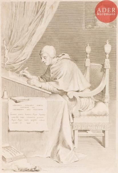 Claude Mellan (1598-1688)
Saint Grégoire. 1681. Burin. 288 x 430. Préaud 81. Belle épreuve. Traces de colle au bord gauche au verso. Marges étroites.