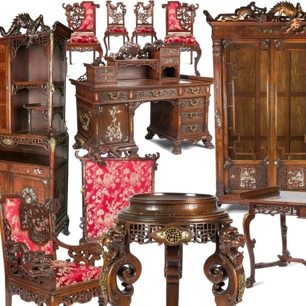 CYRILLE RUFFIER DES AIMES (1844-1916) & ATTRIBUÉ À CYRILLE RUFFIER DES AIMES (1844-1916)

Exceptionnel ensemble japonisant en acajou, bronze et nacre exécuté à la fin du XIXe siècle et composé comme suit :

- Un spectaculaire meuble ouvrant par deux portes, en partie vitrées, en façade. Le fronton est au décor d’un gigantesque dragon en bois sculpté à patine cuivrée et de motifs, également sculptés, de branches fleuries. Le bas des vantaux, les montants, les encadrements de porte et le fronton reçoivent de riches décors évoquant l’Asie et réalisés en fines marqueteries de nacre. La base, terminée par des pieds griffes est achevée d’attributs chimériques en bronze doré. Accidents, manques et état d’usage. Intérieur muni d’étagères. 280 x 180 x 60 cm

- Un cabinet ; la partie basse à deux portes pleines, la partie haute vitrée d’un côté et des tablettes de l’autre, le dessus sommé d’un long dragon en acajou sculpté. Médaillons décoratifs aux motifs floraux et d’animaux en marqueterie de nacre, attributs en bonze doré aux angles et en façade, les ceintures figurant des nuages stylisés en acajou sculpté. Prises en bronze doré aux attributs animaliers (tortue et batracien). 205 x 92 x 44 cm

- Un bureau à caissons et à un gradin présentant des niches et des tiroirs et sommé d’un dragon formant lampe. Le caisson gauche s’ouvre par une série de tiroirs, le droit par une porte pleine et la ceinture par trois tiroirs. Les bases terminées par des pieds griffes. Différents décors d’oiseaux branchés en marqueterie de nacre, motifs décoratifs de dragons en bronze doré, frontons figurant des nuages stylisés en acajou sculpté. Prises et poignées en bronze doré aux attributs animaliers (tortues, loutres, salamandres, etc.). Système secret d’ouverture des tiroirs. Accidents et manques. 117 x 140 x 70 cm

- Un ensemble de salon composé de deux grandes chaises en pendants et de deux chaises d’appoint en pendants. Les dossiers ajourés et aux motifs de drag