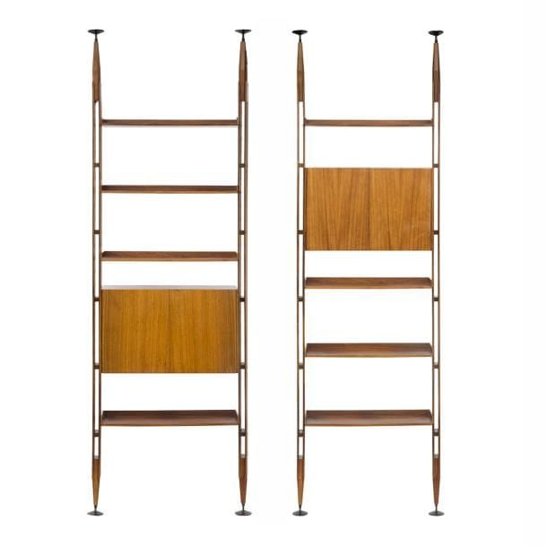 FRANCO ALBINI (1905-1977) DESIGNER & POGGI ÉDITEUR

LB7 dit Infinito, modèle créé en [1956/57]
Bibliothèque, formant cloison, à éléments modulables en palissandre et placage de palissandre.
Composée de quatre montants réglables en hauteur, à fixer par pression entre le sol et le plafond, et à disposer en un bloc de trois modules ou deux blocs indépendants d’un module.
Munie de huit tablettes et de deux caissons à portes pleines ; à positionnement libre.
Édition ancienne.
Hauteur des montants : 268 à 290 cm
Longueur des tablettes : 80 cm
Caissons : 50 x 80 x 35 cm

Provenance :
M. Bruno de Courrèges. Œuvre acquise auprès de la Galerie HP Le Studio le 3 avril 2004.

Bibliographie :
Repertorio del design italiano 1950-2000 per l’arredamento domestic, volume I - Giuliana Gramigna, éditions Umberto Allemandi & C°, 2011. Modèle identique reproduit et référencé page 53.

