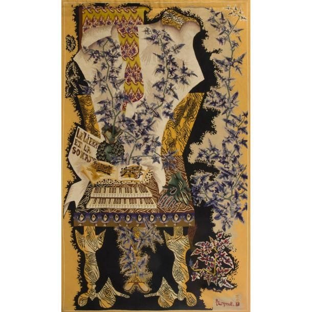 JEAN LURÇAT (1892-1966) CARTONNIER & ATELIERS TABARD LISSIER À AUBUSSON
Le lierre et la sonate
Tapisserie d'Aubusson en laine titrée dans le décor.
Signée LURCAT et porte le monogramme du lissier en bas à droite dans la trame, porte deux bolducs au dos avec les mentions manuscrites suivantes : N° 1 Professeur Creyssel Lyon - La sonate et le lierre - Dim. H. 2m46 - L. 1m55 : 3m281 - Tirage n°5 - Carton de Jean LURCAT tissé par TABARD Frères et sœurs à Aubusson.
246 x 155 cm

Provenance :
Collection particulière, Val-d'Oise.