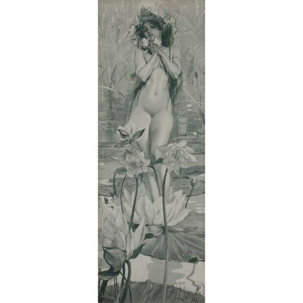 LUDWIG MAROLD (1865-1898) (PLUD?K ALOÏS MAROLD, DIT)

Femme aux nénuphars, [1897], version avant la lettres de l’affiche publicitaire par le libraire / éditeur berlinois Bibliothek Sans-Gêne / Bibliothek Mignon éditée de 1900 à 1905
Panneau lithographique, noir et blanc.
Signé et daté L. MAROLD (18)97 dans la planche en bas à droite, marqué F. SCHMIDT sc. en bas à gauche, également dans la planche.
À vue : 84,5 x 29,8 cm

Provenance :
Ancienne collection Gin de Trentinian