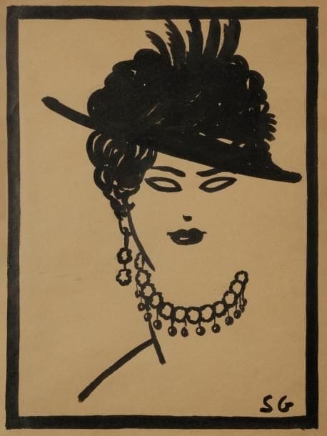 Sacha GUITRY Portrait de femme, [ca 1905 ?] Dessin original à l’encre de Chine, signé des initiales en bas à droite 32 x 23,5 cm
   Belle tête d’élégante, avec collier et chapeau
