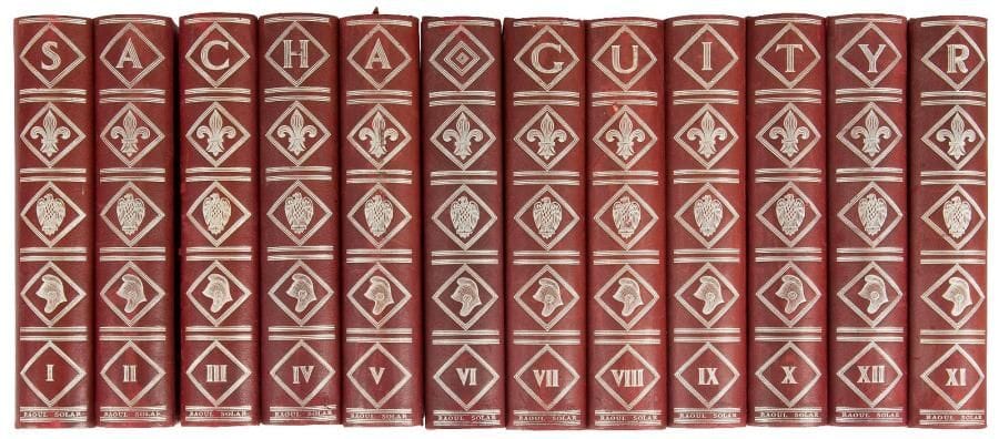 Sacha GUITRY Œuvres (Raoul Solar, 1949-1957) ; 48 volumes in-8 en 4 séries de 12 volumes chacune, brochés sous emboîtages d’éditeur, chaque série formant le nom Sacha Guitry sur les dos (quelques éraflures aux emboîtages)
   Ensemble des quatre séries d’œuvres « complètes », en éditions en partie originales, et illustrées
   1 500 ans d’Histoires de France (1949-1950) Un des 115 exemplaires sur chiffon à la forme des Moulins de Faya, filigranés au nom de Sacha Guitry, signés par l’auteur (n° 98) ; emboîtages demi-basane bordeaux, dos ornés à l’argent de lys, aigle et bonnet phrygien Histoires de France (ill par G Arnoux, Galanis, Gradassi, Jadoux, Lepape, Touchagues, R Wild) ; Frans Hals (Galanis) ; Jean de La Fontaine (G Lepape) ; Le Bien-Aimé (G Arnoux) ; Mozart (Gradassi) ; Beaumarchais (Jadoux) ; Cinq Comédies (Arnoux, Brissaud, Ciry, Touchagues, Wild) ; Talleyrand (P Brissaud) ; Deburau (J Boullet) ; Mariette (Touchagues) ; Pasteur (R Wild) ; Béranger, etc (Arnoux, Boullet, Ciry, Gradassi)
   2 L’Amour (1950-1951) Un des 115 exemplaires sur chiffon à la forme des Moulins de Faya, filigranés au nom de Sacha Guitry, signés par l’auteur (n° 98) ; emboîtages demi-basane maroquinée verte, dos ornés Je t’aime (Touchagues) ; N’écoutez pas, Mesdames ! (J Ferrand) ; Le Lion et la Poule (R de Valerio) ; Mon père avait raison (Pérot) ; La Prise de Berg-op-Zoom (P Noël) ; Elles et Toi et Constance (S Ballivet) ; L’Accroche-cœur et Françoise (P Humbert, Gradassi) ; La Pèlerine écossaise (Grau-Sala) ; Le Soir d’Austerlitz (V Le Campion) ; Le Veilleur de nuit et Un soir quand on est seul (Y Trévédy et Gradassi) ; L’Amour masqué (M Clouzot) ; La Jalousie (M Leroy)
   3 Jubilé (1952-1953) Un des 115 exemplaires sur chiffon à la forme des Moulins de Faya, filigranés au nom de Sacha Guitry, signés par l’auteur (n° 98) ; emboîtages basane blanche, dos ornés aux masques (qqs accidents) L’Illusionniste et Deux Couverts (J Cocteau, Jadoux, Lepape) ; Désiré (Touchagues) ; 