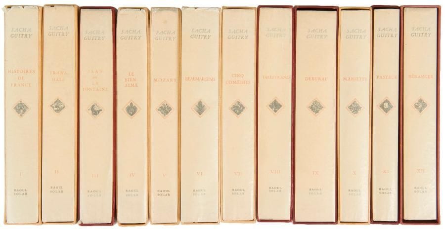 Sacha GUITRY Œuvres (Raoul Solar, 1949-1953) ; 36 volumes in-8 en 3 séries de 12 volumes chacune, brochés sous étuis
   Trois séries d’œuvres en éditions en partie originales, et illustrées
   Ces trois séries font partie des quelques exemplaires hors commerce sur chiffon à la forme des Moulins de Faya, destinés à des hommages, ceux-ci imprimés spécialement pour Jacques Tréfouël, le premier avec envoi autographe : « en témoignage d’une amitié profonde et vive Sacha Guitry » [Le grand chimiste Jacques Tréfouël (1897-1977), directeur de l’Institut Pasteur, fut un ami intime de Sacha Guitry]
   1 500 ans d’Histoires de France (1949-1950) Histoires de France (ill par G Arnoux, Galanis, Gradassi, Jadoux, Lepape, Touchagues, R Wild) ; Frans Hals (Galanis) ; Jean de La Fontaine (G Lepape) ; Le Bien-Aimé (G Arnoux) ; Mozart (Gradassi) ; Beaumarchais (Jadoux) ; Cinq Comédies (Arnoux, Brissaud, Ciry, Touchagues, Wild) ; Talleyrand (P Brissaud) ; Deburau (J Boullet) ; Mariette (Touchagues) ; Pasteur (R Wild) ; Béranger, etc (Arnoux, Boullet, Ciry, Gradassi)
   2 L’Amour (1950-1951) Je t’aime (Touchagues) ; N’écoutez pas, Mesdames ! (J Ferrand) ; Le Lion et la Poule (R de Valerio) ; Mon père avait raison (Pérot) ; La Prise de Berg-op-Zoom (P Noël) ; Elles et Toi et Constance (S Ballivet) ; L’Accroche-cœur et Françoise (P Humbert, Gradassi) ; La Pèlerine écossaise (Grau-Sala) ; Le Soir d’Austerlitz (V Le Campion) ; Le Veilleur de nuit et Un soir quand on est seul (Y Trévédy et Gradassi) ; L’Amour masqué (M Clouzot) ; La Jalousie (M Leroy)
   3 Jubilé (1952-1953) L’Illusionniste et Deux Couverts (J Cocteau, Jadoux, Lepape) ; Désiré (Touchagues) ; Toâ (Trévédy) ; Une folie (Grau-Sala) ; Le Nouveau Testament (P Humbert) ; Un sujet de roman et Le Renard et la Grenouille (Jadoux, Lepape) ; Le Voyage de Tchong-Li et M Prud’homme a-t-il vécu ? (Jadoux, M Clouzot) ; Faisons un rêve et Villa à vendre (Ballivet, Lepape) ; Jean III et Adam et Ève (L Boucher) ; Le Mari, la fe