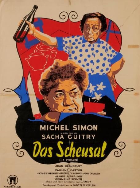 [Sacha GUITRY] 2 affiches pour le film La Poison, 1951
   Affichette belge en couleurs (modèle B) imprimée par Maurice Panneels à Bruxelles 48 x 36 cm
   Affiche allemande (d’après Guy-Gérard Noël) pour Das Scheusal (La Poison) 83 x 61 cm (marques de plis ; entoilée)
