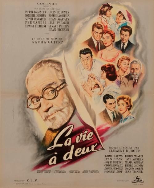 Jean MASCII (1926-2003) Affiche pour le film La Vie à deux, 1958 Impr Affiches Gaillard, Paris 59 x 48 cm
   Réalisé par Clément Duhour après la mort de Guitry, d’après des extraits de plusieurs pièces, le film rassemble une belle distribution (Pierre Brasseur, Danielle Darrieux, Fernandel, Edwige Feuillère, Jean Marais, Gérard Philipe, etc) ; il sort sur les écrans le 24 septembre 1958
