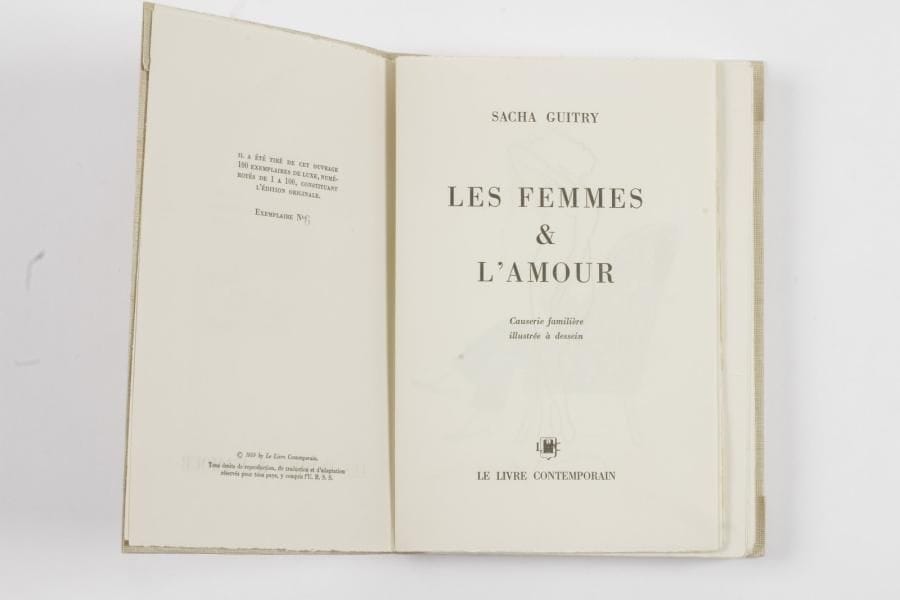 Sacha GUITRY Les Femmes & l’amour Causerie familière illustrée à dessein (Le Livre contemporain, 1959) In?8 en feuilles sous chemise et étui de l’éditeur
   Édition originale, un des 100 exemplaires de luxe (n° 6)
