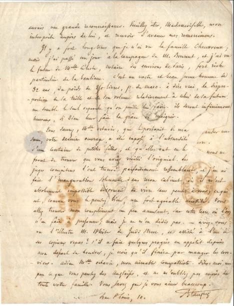 Adolphe BLANQUI (1798-1854) économiste LAS, Paris 28 juin 1825, à Miss Octavia Say, à Bayswater, près Londres ; 3 pages in-4 sur papier fin, adresse avec marques postales (petite déchirure au cachet sans toucher le texte)
   À la fille de l’économiste Jean-Baptiste Say, née en 1804
   Il a su par Horace que leur voyage avait été heureux, et il imagine les plaisirs du séjour en Angleterre, se moquant des « mascarades du sacre » [de Charles X] à Paris : « deux feux d’artifice qui ont tué trois personnes, et des distributions de comestibles cent fois plus dégoûtantes qu’à l’ordinaire Lord Northumberland a régalé toutes les bedaines ministérielles […] Les valets de la cour ont eu le ruban de la Légion d’honneur », etc Il évoque aussi la situation en Grèce où « Miaulis et Kanaris avaient brûlé toute la flotte égyptienne d’Ibrahim Pacha, intime ami de la Ste alliance » ; et en Espagne : « tous les pirates du monde viennent à la grande curée de la Monarchie Espagnole restaurée »… Il réclame des nouvelles d’Auguste Comte, et de son cours dont le plan est « tout à fait neuf et philosophique »… Il demande des renseignements sur une école de commerce qui vient d’ouvrir à Londres… Il donne des nouvelles de divers amis… Il a placé le portrait de sa sœur par Miss Say dans son cabinet, « où il m’est absolument impossible désormais de vivre sans penser à vous »…
