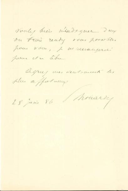 Paul Brouardel (1837-1906) médecin LAS, Paris 28 juin 1886, à un député et collègue ; 1 page et demie in-8
   Il le remercie d’avoir pensé à lui adresser son projet de loi sur l’organisation de l’administration de la santé publique : « Il me remplit de joie Nous sommes en communauté de sentiment sur presque tous les points Je désire pourtant avoir un entretien avec vous pour discuter de quelques questions secondaires sur lesquelles il y aurait peut-être des modifications à introduire »…
