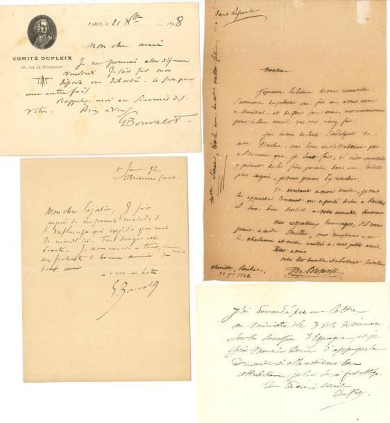 Explorateurs 16 lettres ou pièces, la plupart LAS, XVIIIe-XIXe siècle
   Jules de Blosseville, Gabriel Bonvalot (5), Louis comte de Buisseret (Versailles mai 1830, à M de Man d’Hobrugge, sur le futur mariage de leurs enfants), Eugène Duflot de Mofras, Fernand Foureau, Philippe François, Jacques-Raymond vicomte de Grenier, BF Leguével de La Combe, Pierre Lesson (Rochefort 1867), Aimé Reynaud (Brest 1865), Henri Rousson, William Scoresby (1822, à Mr Hurry)
