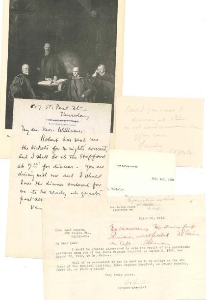 Johns Hopkins Hospital 2 LAS et 2 LS des médecins fondateurs de l’hôpital, 1907-1922 et sd ; 4 pages formats divers ; en anglais
   Réunion des « Quatre docteurs » du tableau de John Singer Sargent
   Howard A Kelly (ls 1907 au Dr Huckel, rappelant avec gratitude la confiance que son confrère a eue en lui) William Halsted (ls, Baltimore 1922, comme chirurgien en chef, priant Mrs Leah Rogers de lui permettre de noter les résultats de deux interventions pratiquées sur elles à l’hôpital Johns Hopkins par le Dr Holmes) William Osler (las au crayon, invitation à dîner) William H Welch (Baltimore, à Mrs Williams, qu’il attendra au Stafford pour dîner avant le concert)
