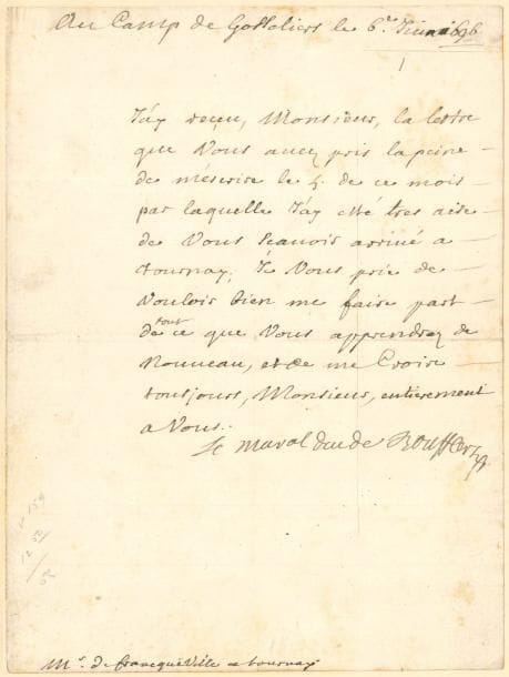 Ancien régime 5 LS ou PS dont 1 LAS, XVIIe-XVIIIe siècle
   Louis-François maréchal duc de Boufflers (du camp de Gosseliers, 1696), Michel Le Tellier (1685, aux magistrats d’Ypres), Charles-Anne-Sigismond de Montmorency duc d’Olonne (las au capitaine de La Vernette, à propos d’une dette d’honneur, camp de Bouchout 1746), René d’Argenson marquis de Paulmy (1757, au marquis de Bouville) ; plus un procès-verbal de mainlevée (1784)
